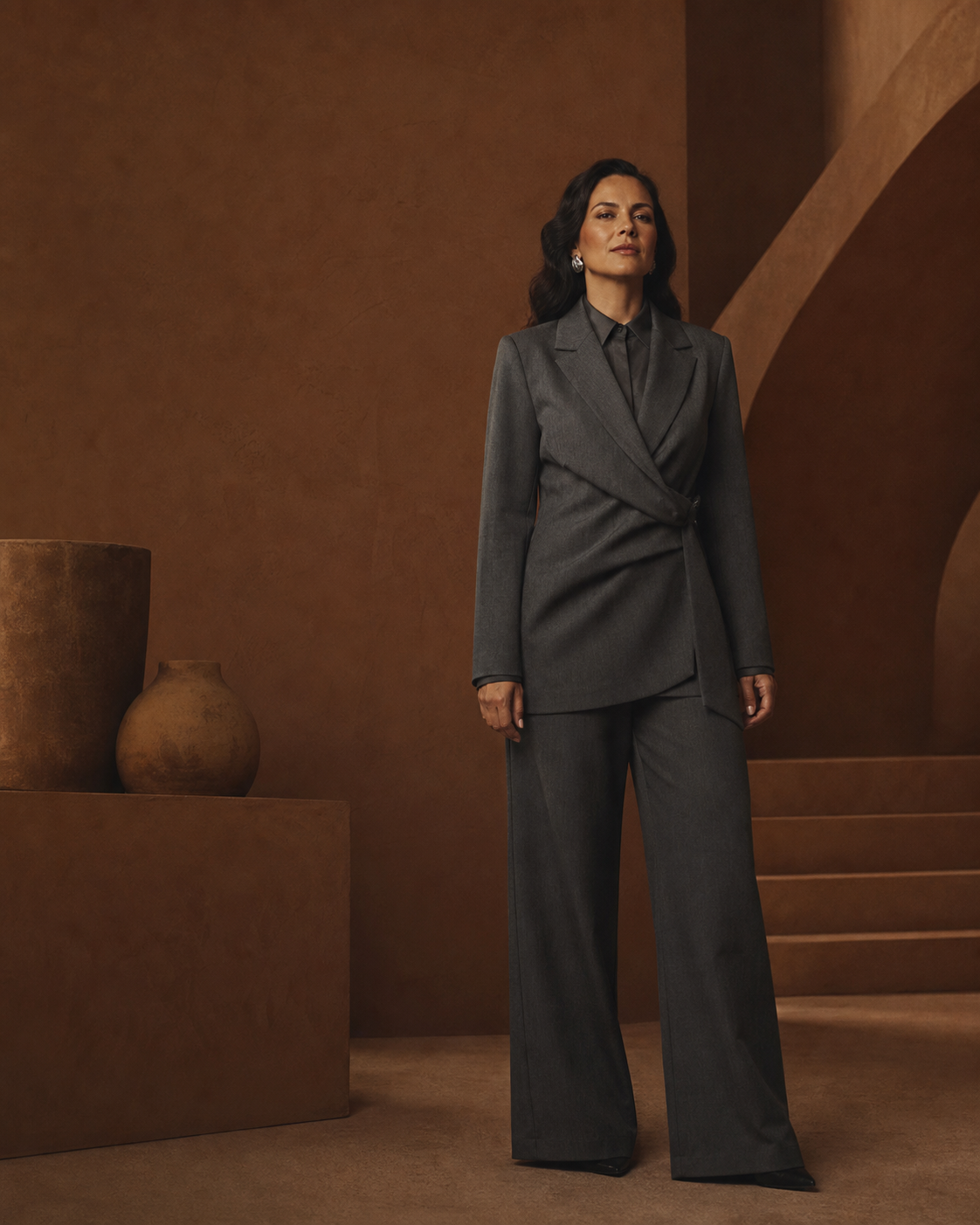 Mulher confiante em ambiente editorial terracota