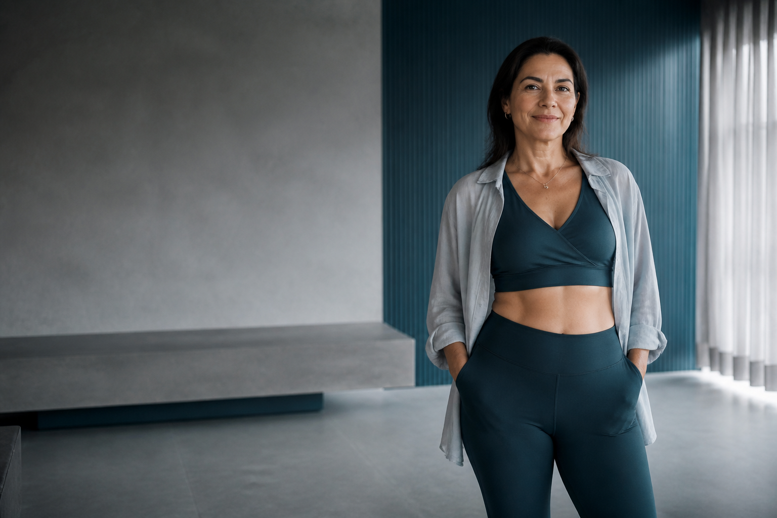 Mulher adulta em um ambiente contemporâneo de bem-estar